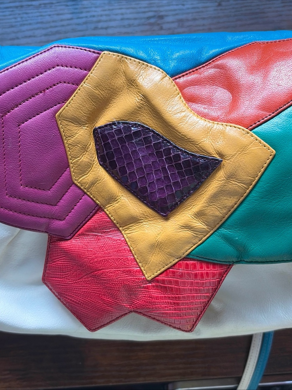 Vintage 1980s Sharif Genuine Leather Barrel Crossbody Floral Patchwork Bag Art - Picture 10 of 14